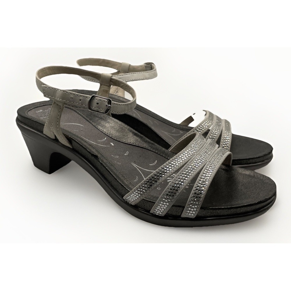 abeo Womens Size 9 Crystal Studded Strappy Sandal Formal Pewter Buckle Cushion